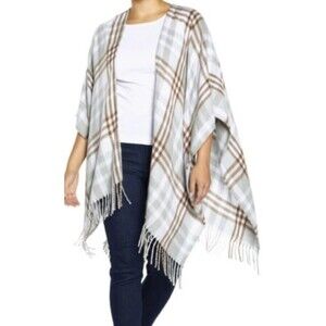 Three Dots One Size Cashmere Blend Wrap Fringed Louisa Plaid Academia Luxury
